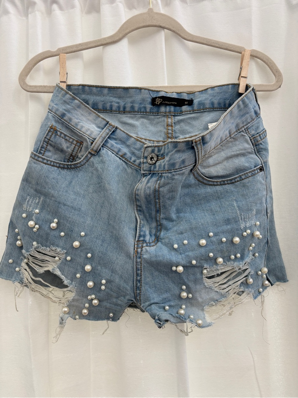 Pearl-Embellished Distressed Denim Shorts